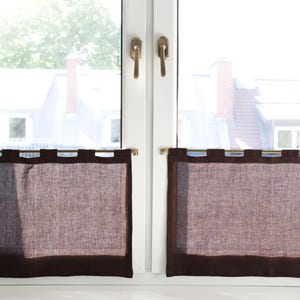 Linen cafe curtains with tab tops. Short kitchen curtains.