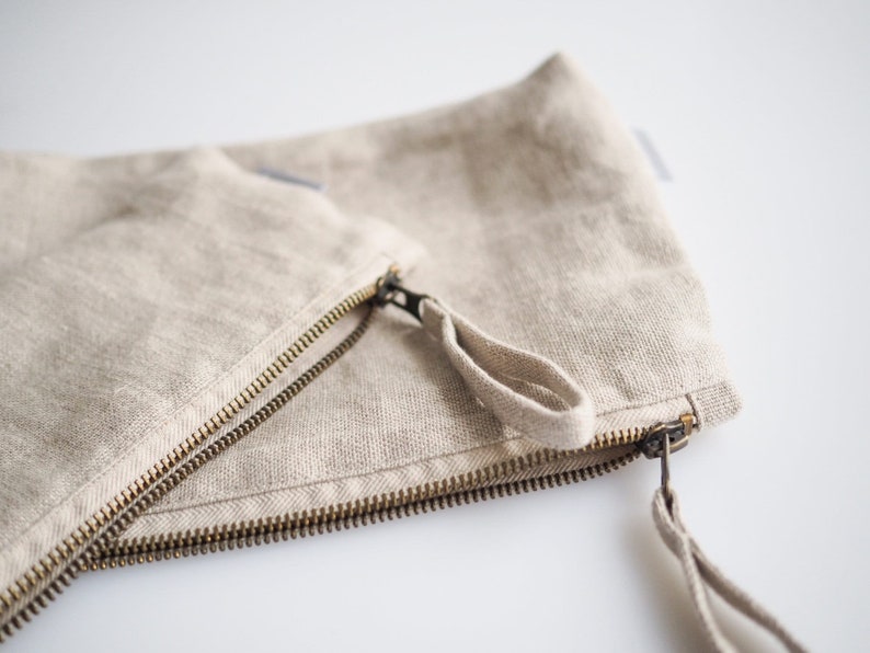 Minimalist linen makeup bag. sustainable linen makeup pouch in natural linen color. image 8