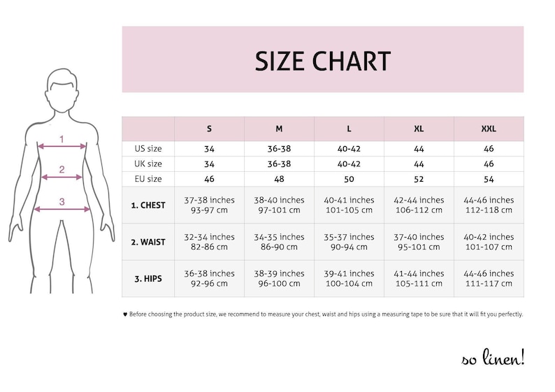 Size chart of the linen shirt. The shirt is available in sizes S, M, L, XL and XXL.