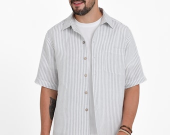 Striped Linen Shirt for Men, Short Sleeve Linen, Lightweight Casual Wear