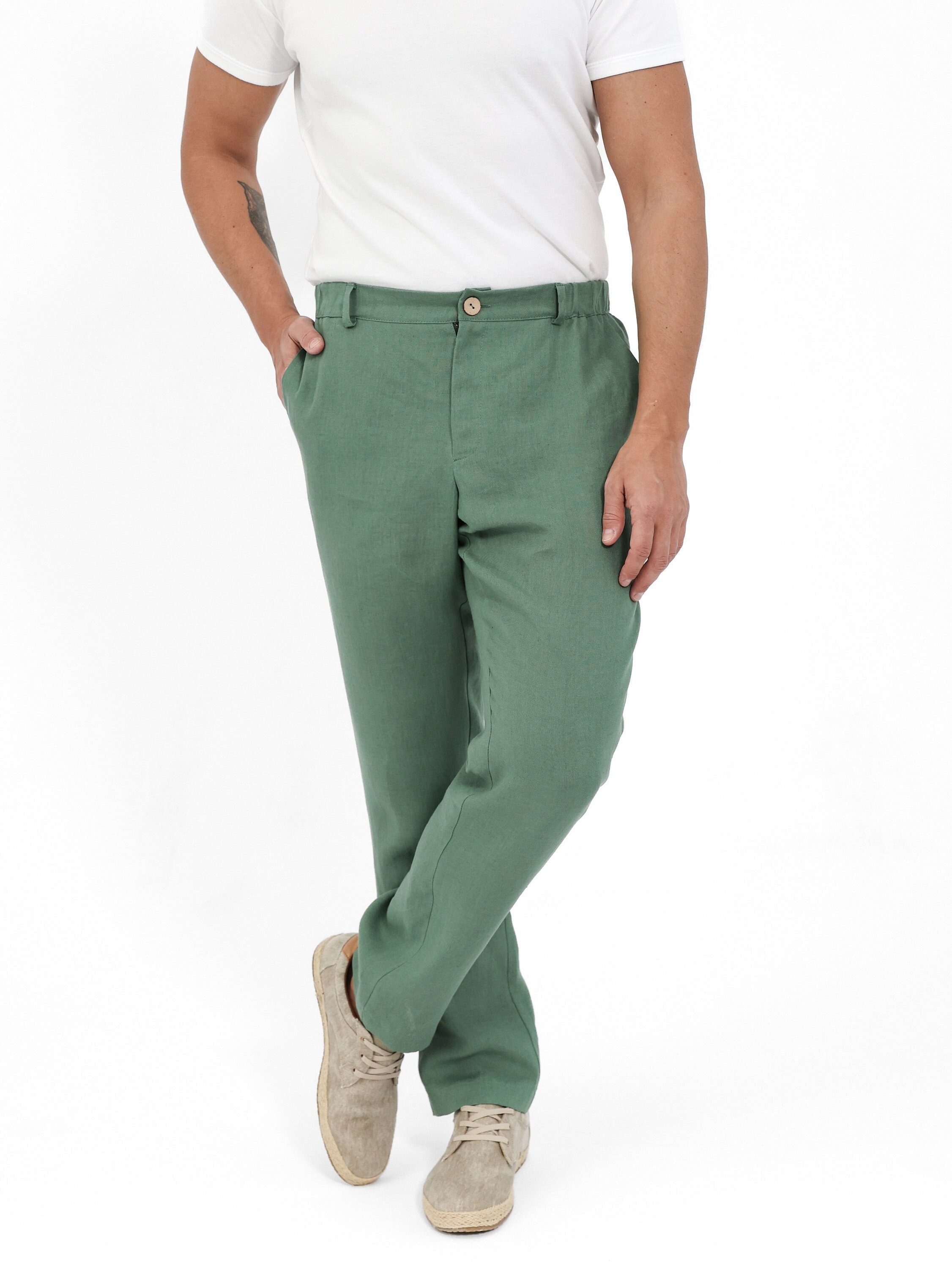 Linen pants for men. Green pants. Mens fashion.