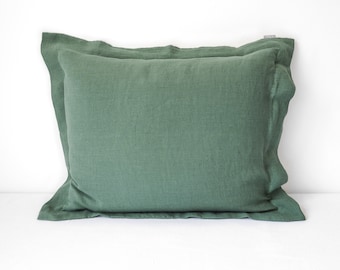 Funda de almohada de lino estilo Oxford en color verde eucalipto. Funda de almohada de lino hecha a mano