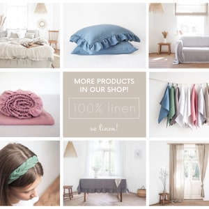 May include: A collage of linen home goods. Includes a bed with a linen duvet cover and skirt, blue ruffled pillowcases, a pink fitted sheet set, and a variety of linen towels in different colors. The text "MORE PRODUCTS IN OUR SHOP! 100% linen so linen!" is also visible.