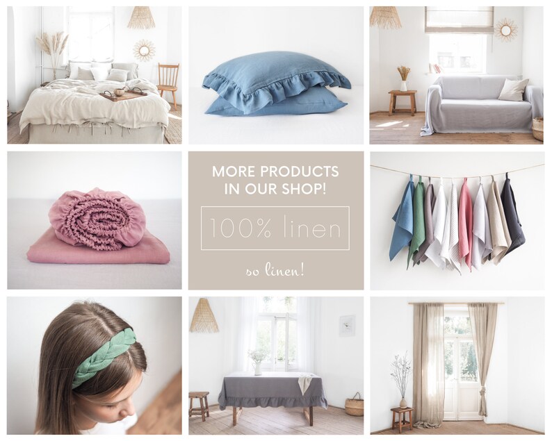 May include: A collage of linen home goods. Includes a bed with a linen duvet cover and skirt, blue ruffled pillowcases, a pink fitted sheet set, and a variety of linen towels in different colors. The text "MORE PRODUCTS IN OUR SHOP! 100% linen so linen!" is also visible.