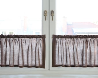 Dark Chocolate Linen Cafe Curtain, Farmhouse Kitchen Panels