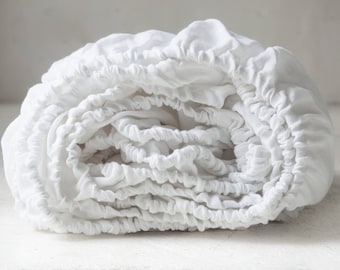 Linen bedding - FITTED sheet, pure white, linen fitted sheet king, fitted sheet queen, linen fitted sheets twin. Seamless.