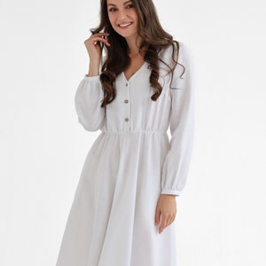 Boho linen dress in pure white color. linen dress camellia. image 3
