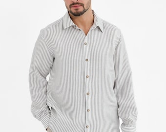 Stonewashed linnen herenshirt, lange mouw, handgemaakt, luchtige stof