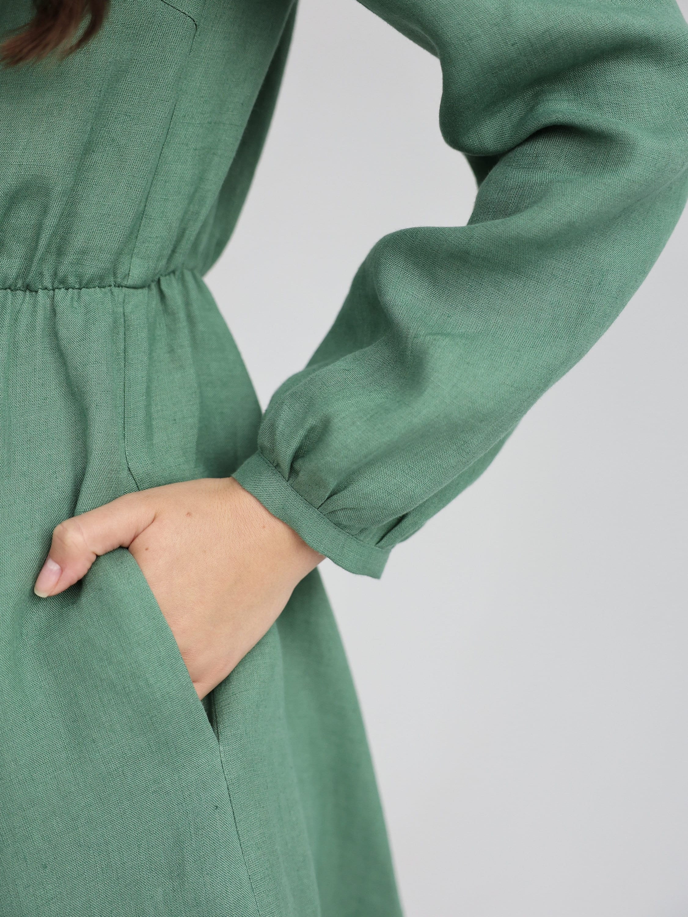 Eucalyptus Green Linen Dress, V-Neck Puffed Sleeve Dress