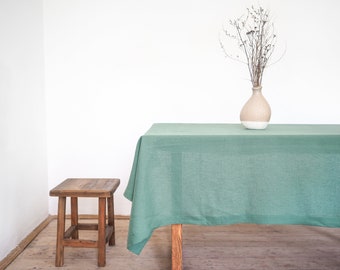 Rectangular linen green tablecloth. Christmas tablecloth