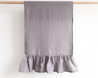 Gray Linen Hand Towel with Ruffle, Decorative Towel