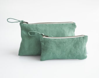 Natural makeup bag. sustainable linen makeup pouch in eucalyptus green color.