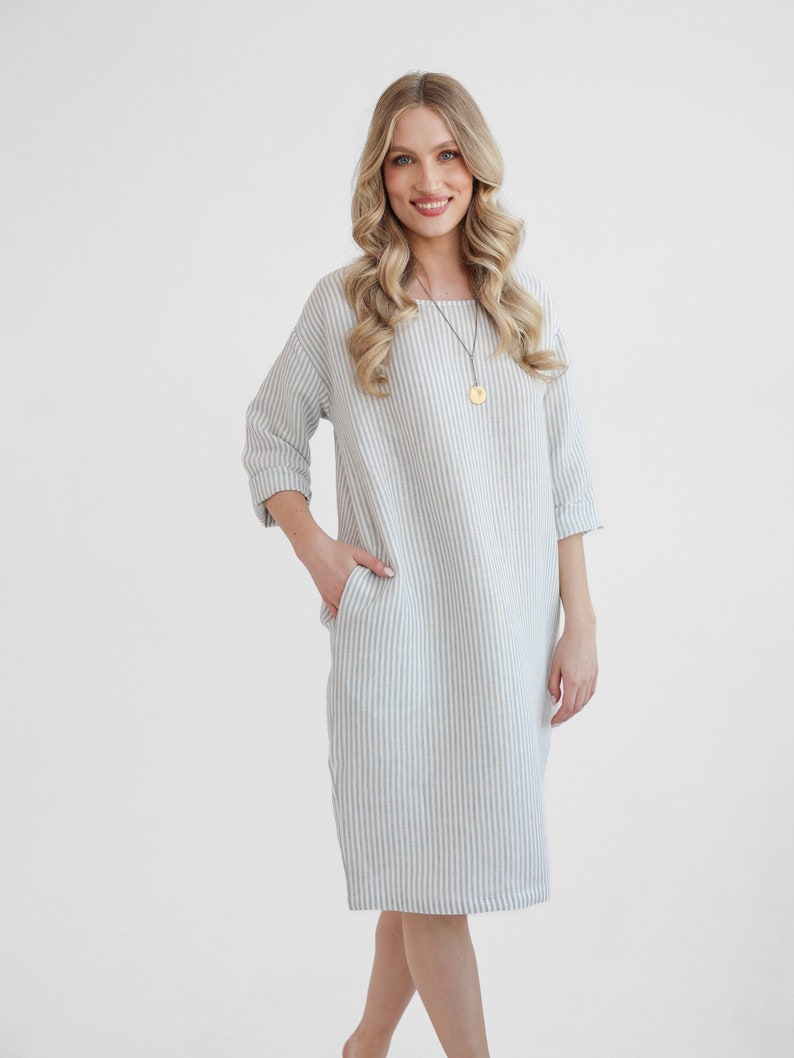 Linen beach coverup in gray stripes. linen dress peony. image 5