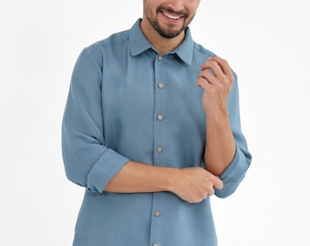 Handgemaakt linnen shirt met lange mouwen, zacht stonewashed linnen