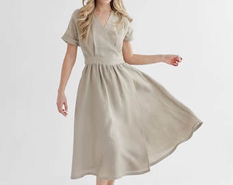 Elegant linen wrap dress in natural linen color. linen dress jasmine.