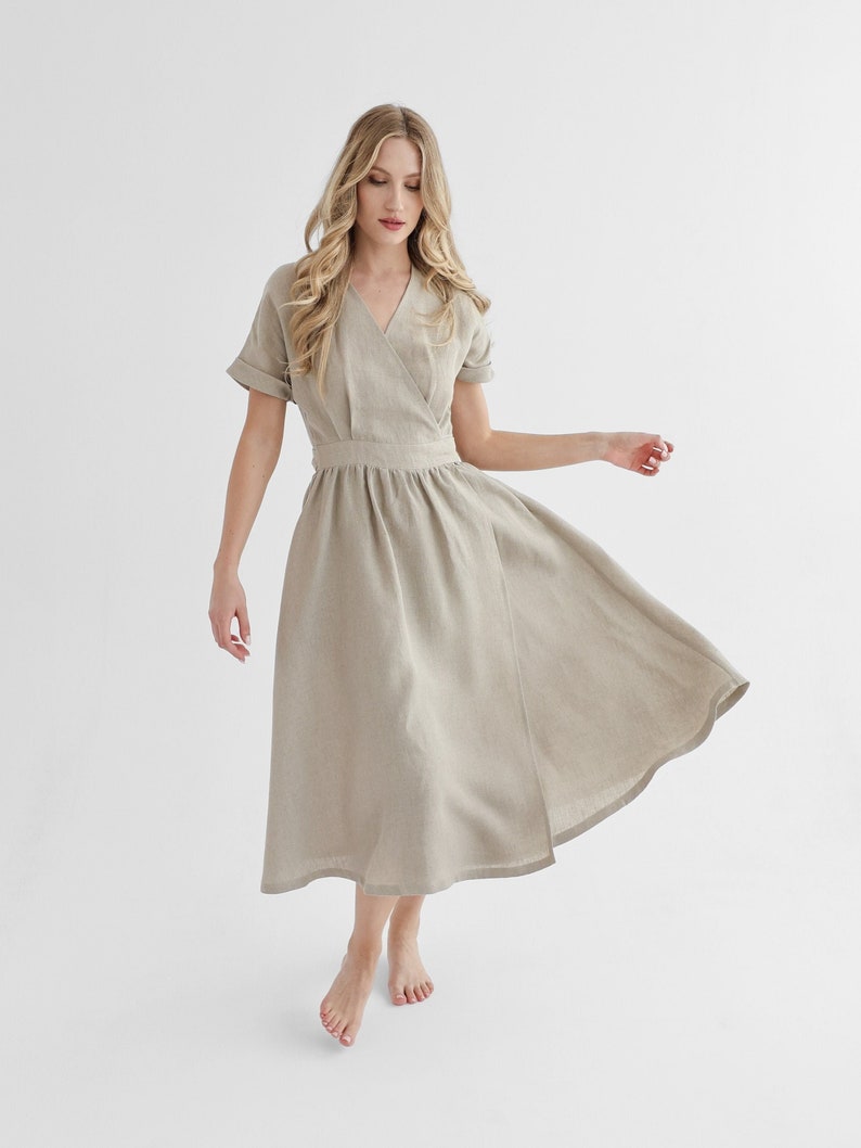 Elegant linen wrap dress in natural linen color. linen dress jasmine. image 1