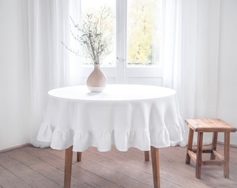 White Heavy Linen Round Tablecloth, Ruffled Stonewashed Linen