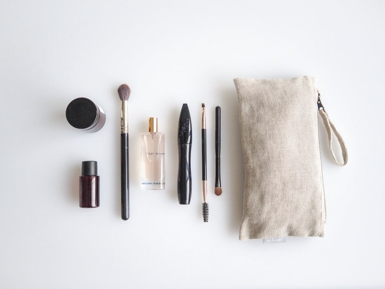 Minimalist linen makeup bag. sustainable linen makeup pouch in natural linen color. image 6