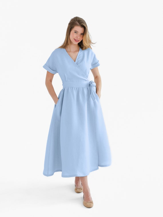 Midi Length Linen Wrap Dress, XS / Light Blue Midi Length Linen Wrap Dress, XS / Light Blue
