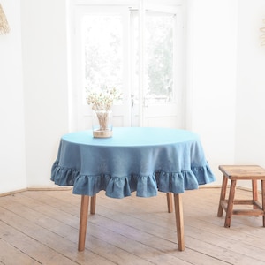 Dusty blue round linen tablecloth | large round tablecloth
