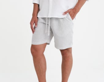 Striped Mens Linen Shorts, Handmade Summer Casual Wear