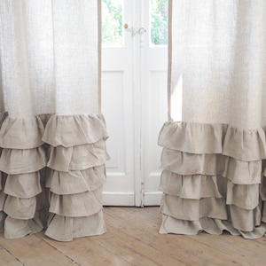 Tenda a pannello in lino rustico chic con morbidi volant - Tessuto in lino puro al 100%