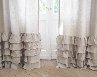 Linen ruffled curtain panel made of medium linen (160 g/m2) / curtain panel with ruffles / 100% linen /