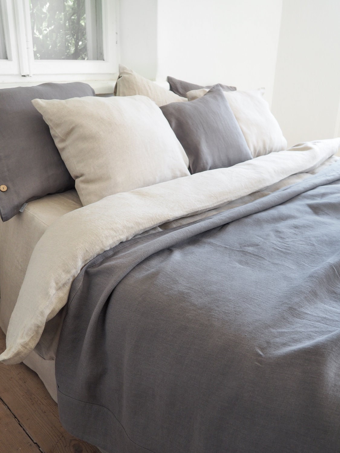 True Gray Linen Blanket, Stonewashed Heavy Linen Coverlet, King/Queen
