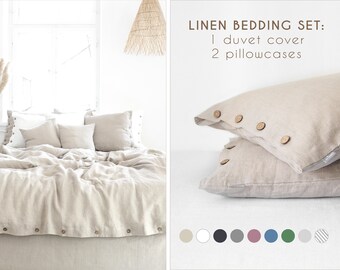 Natural LINEN BEDDING SET with coconut buttons | Duvet cover + 2 pillowcases. Queen size, king size, twin size.