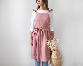 Pink Linen Pinafore Apron with Ruffles, Heavyweight Linen