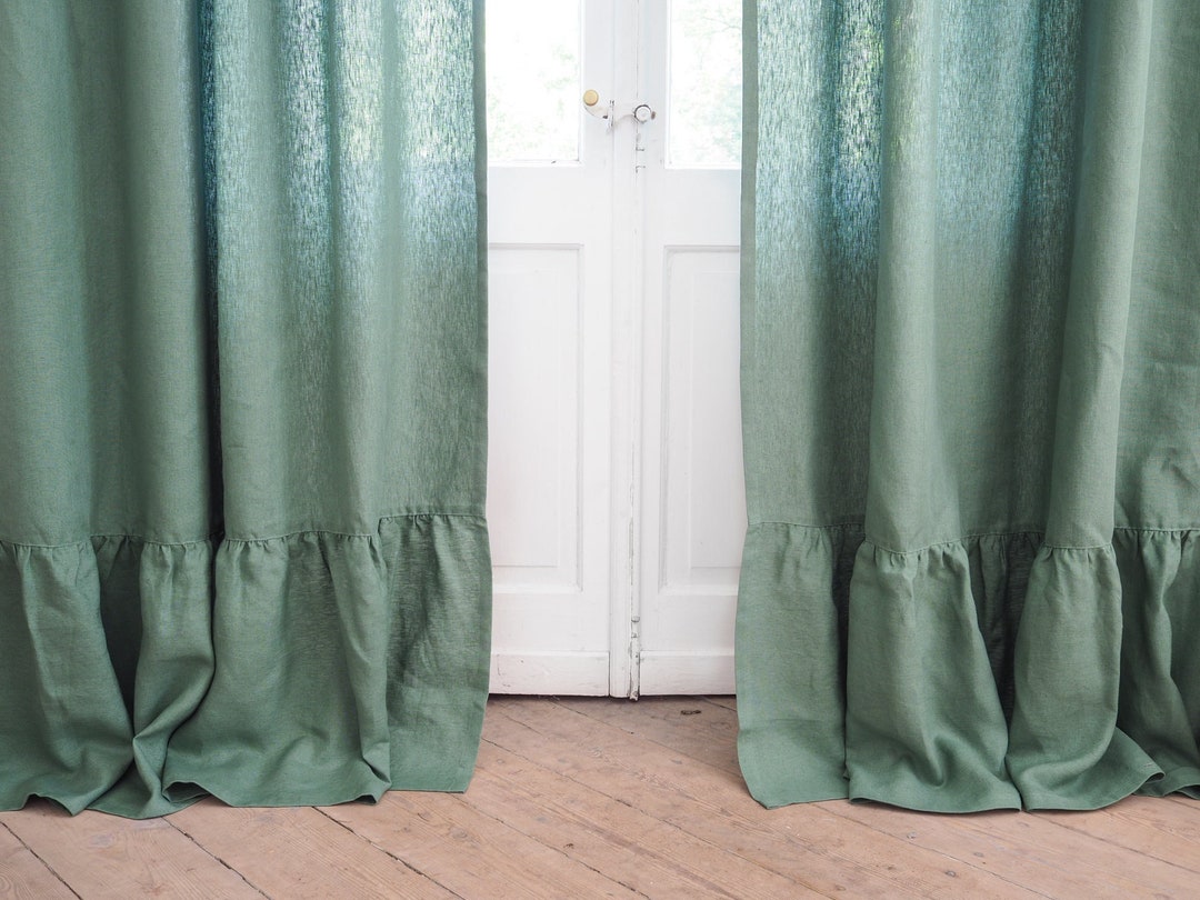 Ruffled Green Heavy Linen Curtain Panel / 1 Pcs - Etsy