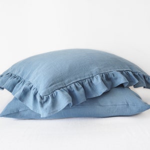 Dusty blue ruffled linen pillowcase. Linen pillow cover with ruffles. Handmade