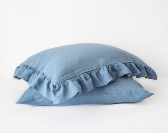 Dusty blue ruffled linen pillowcase. Linen pillow cover with ruffles. Handmade