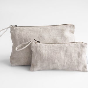 Minimalist linen makeup bag. sustainable linen makeup pouch in natural linen color. image 1