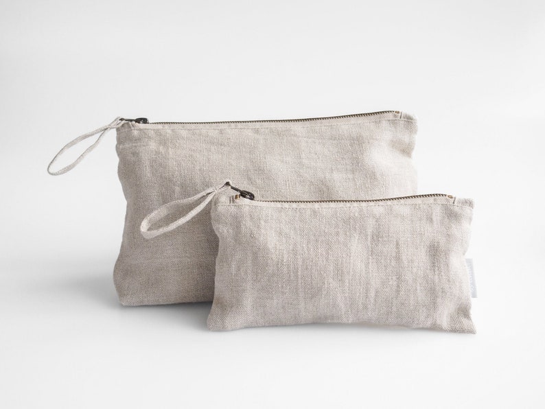 Minimalist linen makeup bag. sustainable linen makeup pouch in natural linen color. image 1