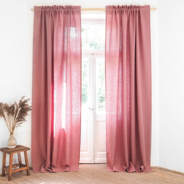 Panneau en lin épais rose poudré (280 g/m2) avec en-tête décoratif. panneau de rideau avec passe-tringle / 1 pièce