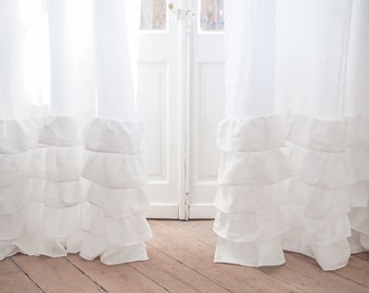 linen ruffled curtain panel / curtain panel with ruffles / 100% MEDIUM LINEN (160 g/m2)/ sheer curtain / white linen curtain