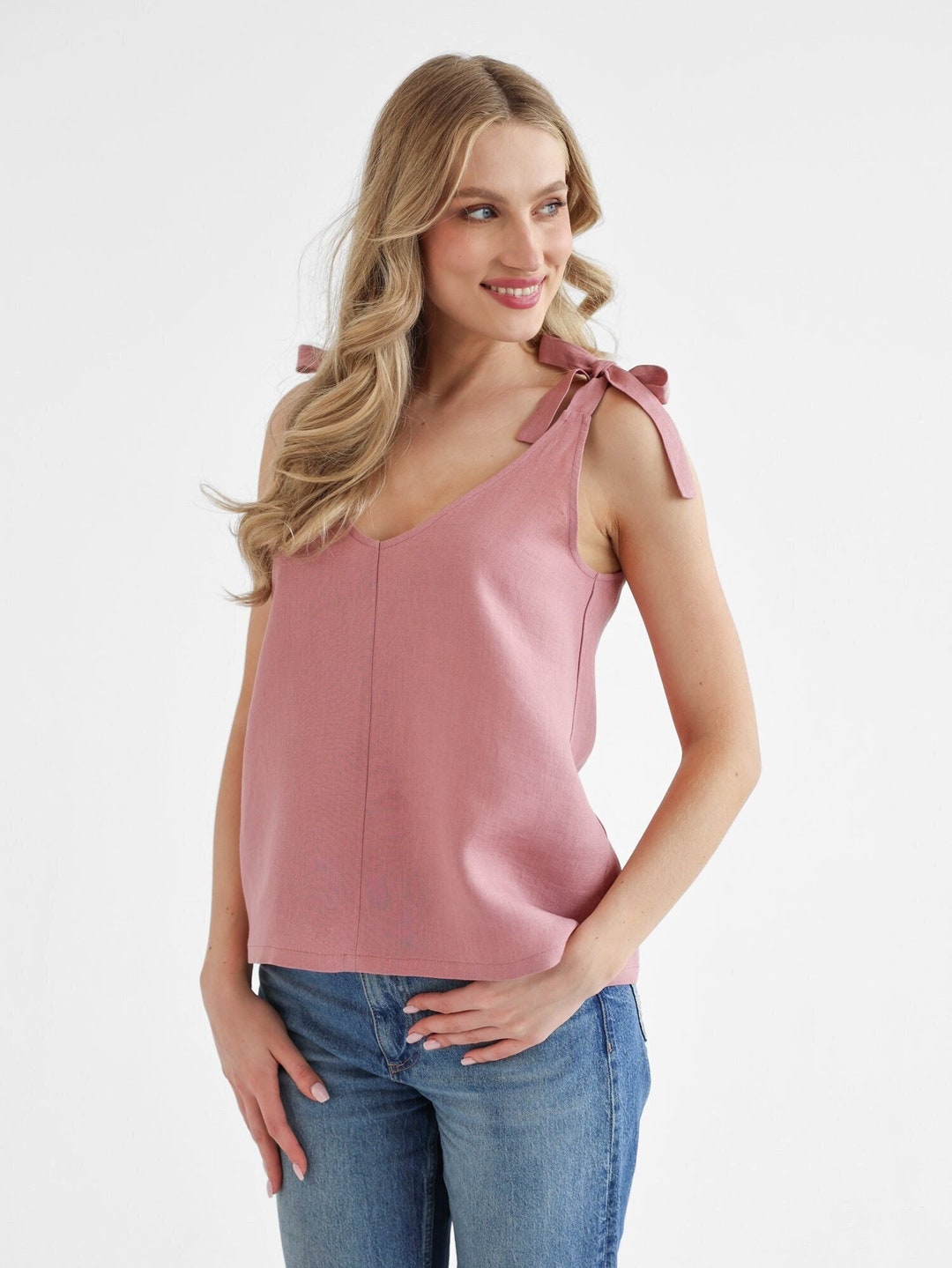 Débardeur en lin rose poudré avec bretelles Haut de