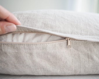 Funda de almohada de lino natural con cremallera. múltiples tamaños.