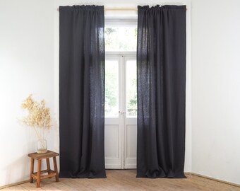 Charcoal heavy linen curtain panel (280 g/m2) with decorative header. rod pocket curtain panel / 1 pcs