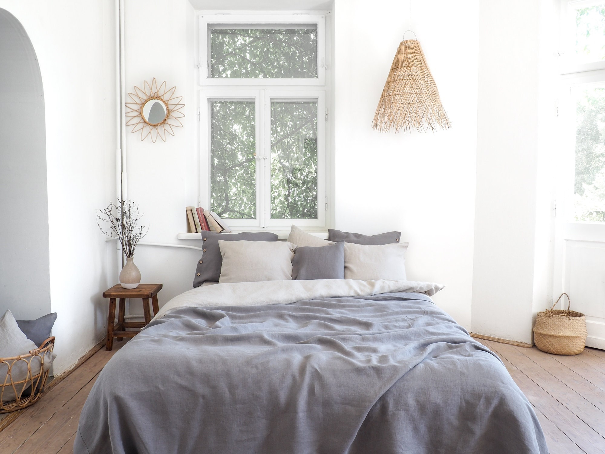 True Gray Linen Blanket, Stonewashed Heavy Linen Coverlet, King/Queen