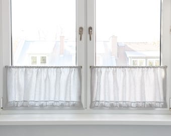 Ruffled Linen Cafe Curtain, Gray Striped, Kitchen Curtain