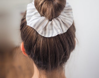 Gray stripes linen scrunchie, natural linen hair tie, gift for her, linen hair accessory
