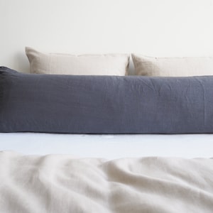 Linen body pillow pillowcase in charcoal. Pillowcase for a long pillow made from 100% stonewashed linen.