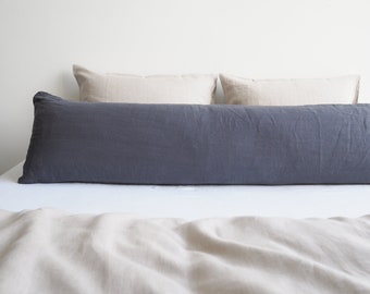 Linen body pillow pillowcase in charcoal. Pillowcase for a long pillow made from 100% stonewashed linen.