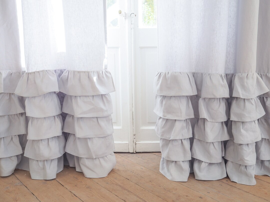 Light Gray Heavy Linen Curtain Panel With Ruffles, Ruffled Drape ...