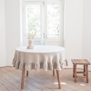 Boho christmas decor | Rustic linen round tablecloth with a ruffle
