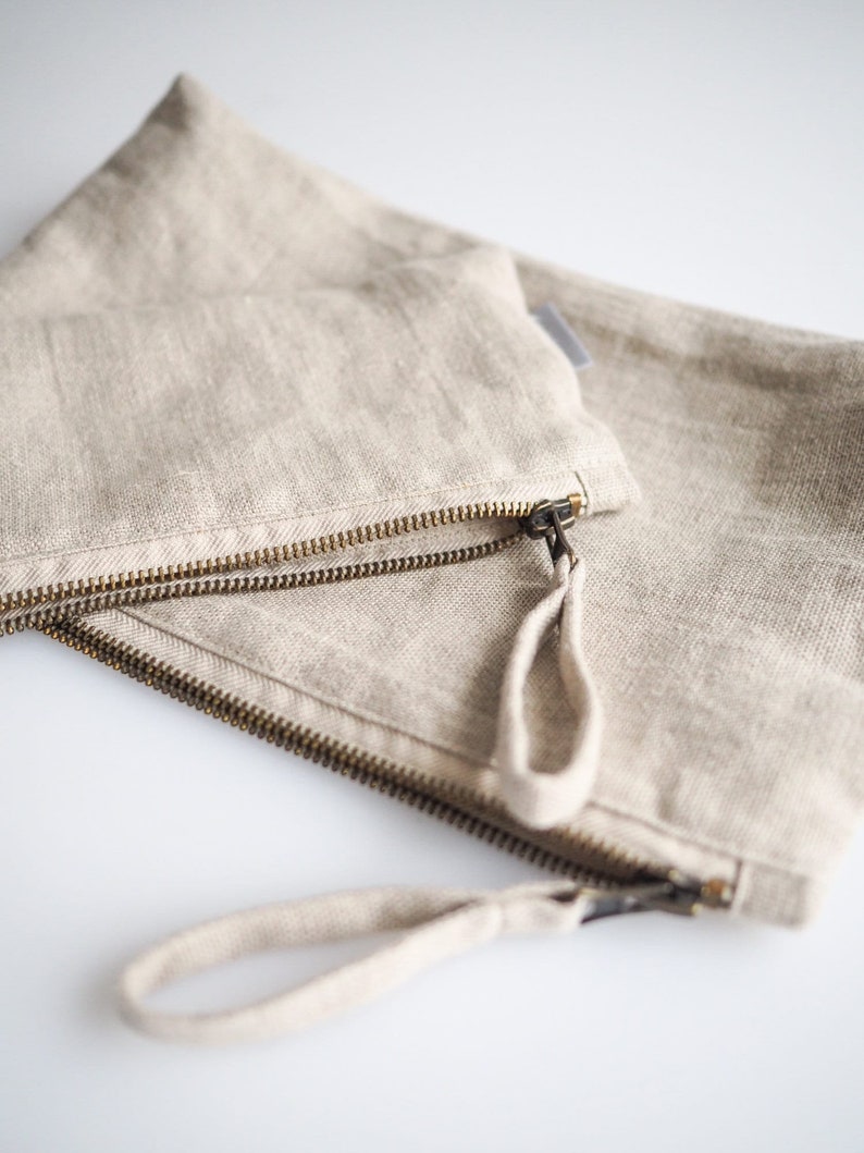 Minimalist linen makeup bag. sustainable linen makeup pouch in natural linen color. image 3