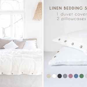 Pure white LINEN BEDDING SET with coconut buttons | Duvet cover + 2 pillowcases. Queen size, king size, twin size.