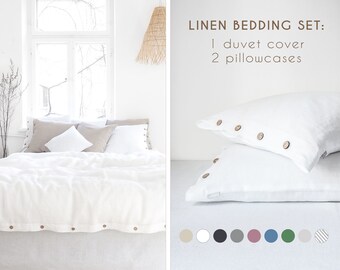 Pure white LINEN BEDDING SET with coconut buttons | Duvet cover + 2 pillowcases. Queen size, king size, twin size.